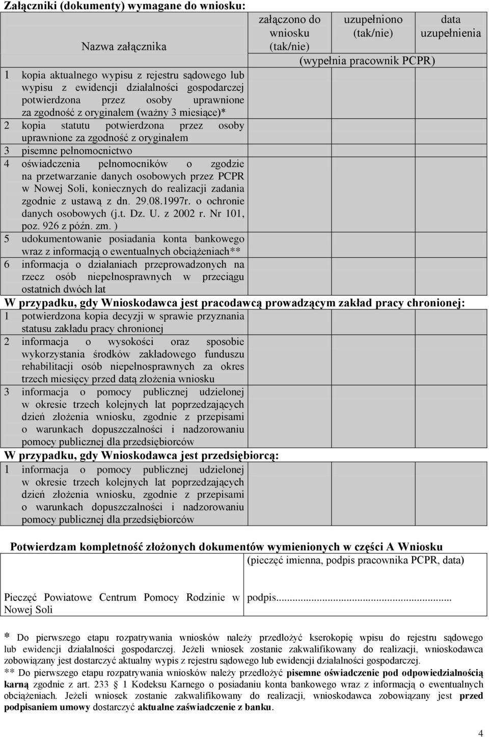 zgodność z oryginałem 3 pisemne pełnomocnictwo 4 oświadczenia pełnomocników o zgodzie na przetwarzanie danych osobowych przez PCPR w Nowej Soli, koniecznych do realizacji zadania zgodnie z ustawą z