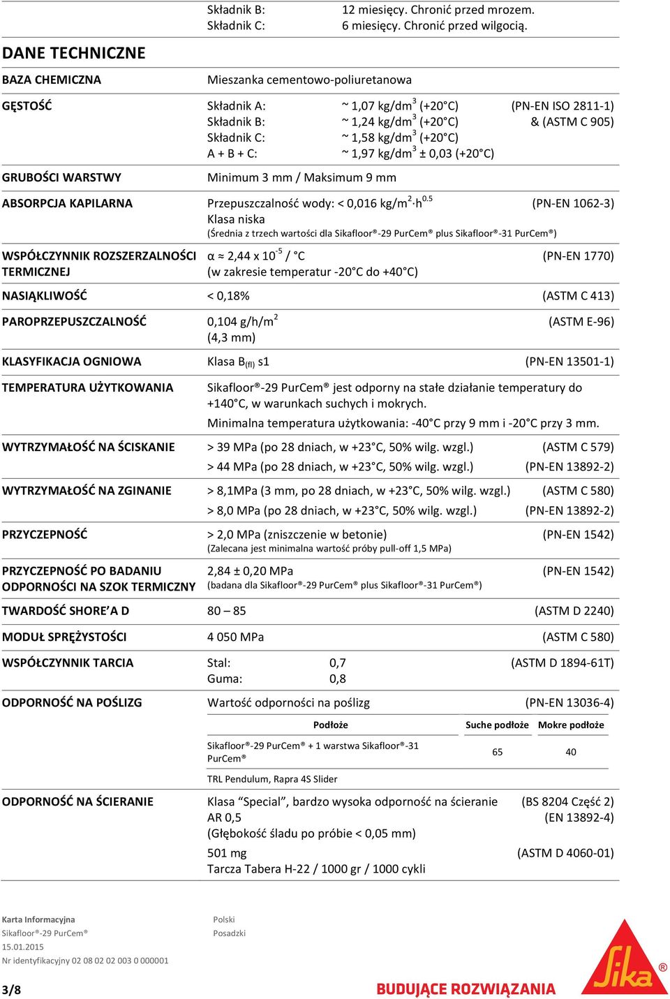 kg/dm 3 ± 0,03 (+20 C) GRUBOŚCI WARSTWY Minimum 3 mm / Maksimum 9 mm ABSORPCJA KAPILARNA Przepuszczalność wody: < 0,016 kg/m 2 h 0.