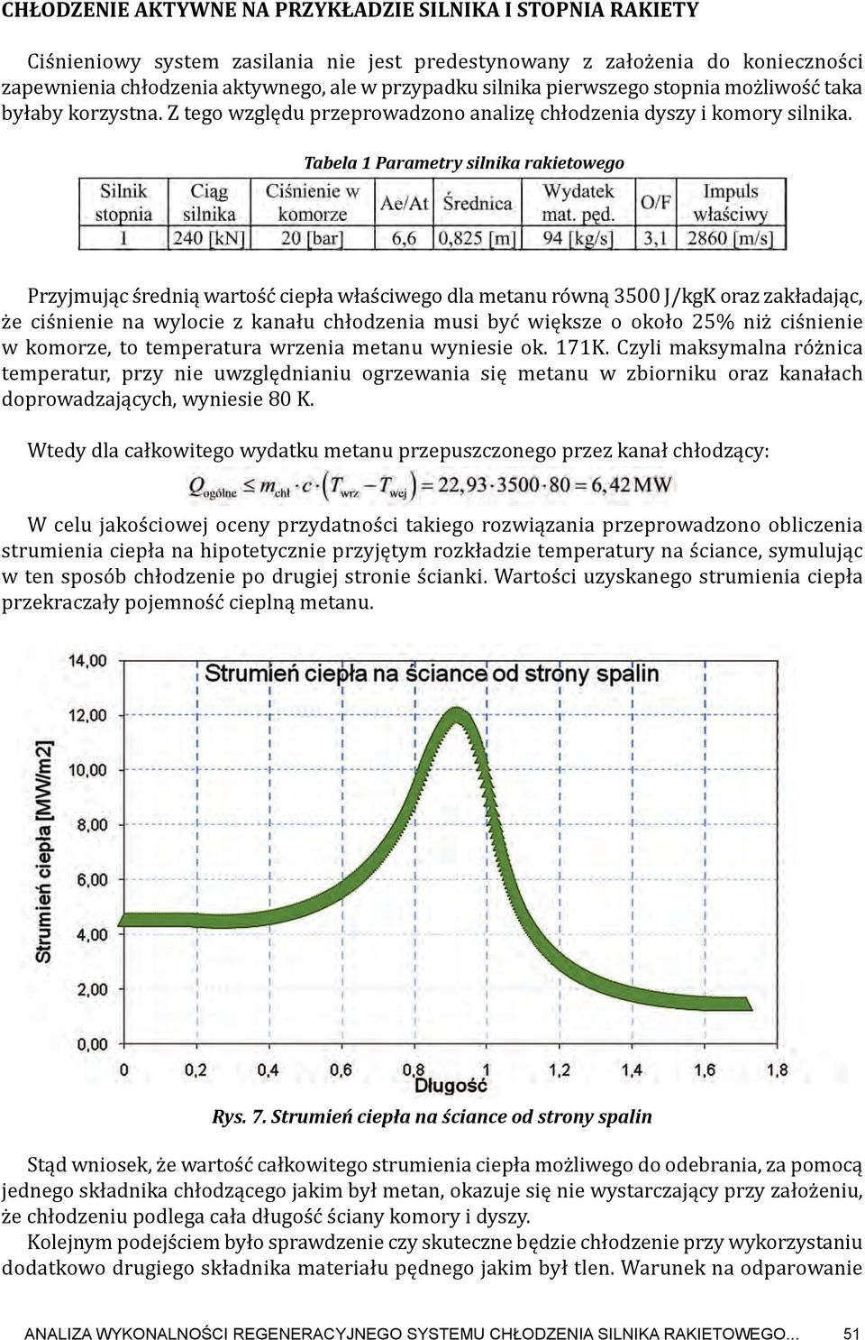 Tabela 1 Parametry silnika rakietowego Przyjmując średnią wartość ciepła właściwego dla metanu równą 3500 J/kgK oraz zakładając, że ciśnienie na wylocie z kanału chłodzenia musi być większe o około