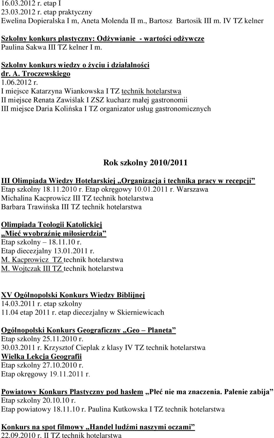 I miejsce Katarzyna Wiankowska I TZ technik hotelarstwa II miejsce Renata Zawiślak I ZSZ kucharz małej gastronomii III miejsce Daria Kolińska I TZ organizator usług gastronomicznych Rok szkolny