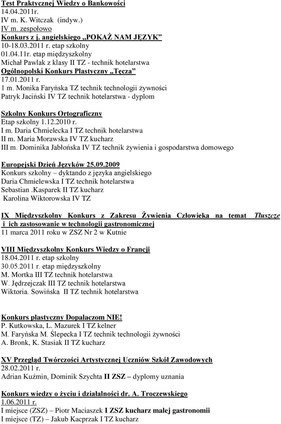 Daria Chmielecka I TZ technik hotelarstwa II m. Maria Morawska IV TZ kucharz III m. Dominika Jabłońska IV TZ technik żywienia i gospodarstwa domowego Europejski Dzień Języków 25.09.