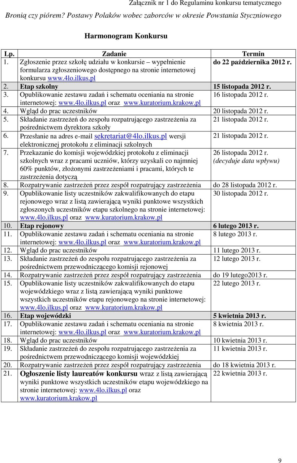 Etap szkolny 15 listopada 2012 r. 3. Opublikowanie zestawu zadań i schematu oceniania na stronie 16 listopada 2012 r. internetowej: www.4lo.ilkus.pl oraz www.kuratorium.krakow.pl 4.