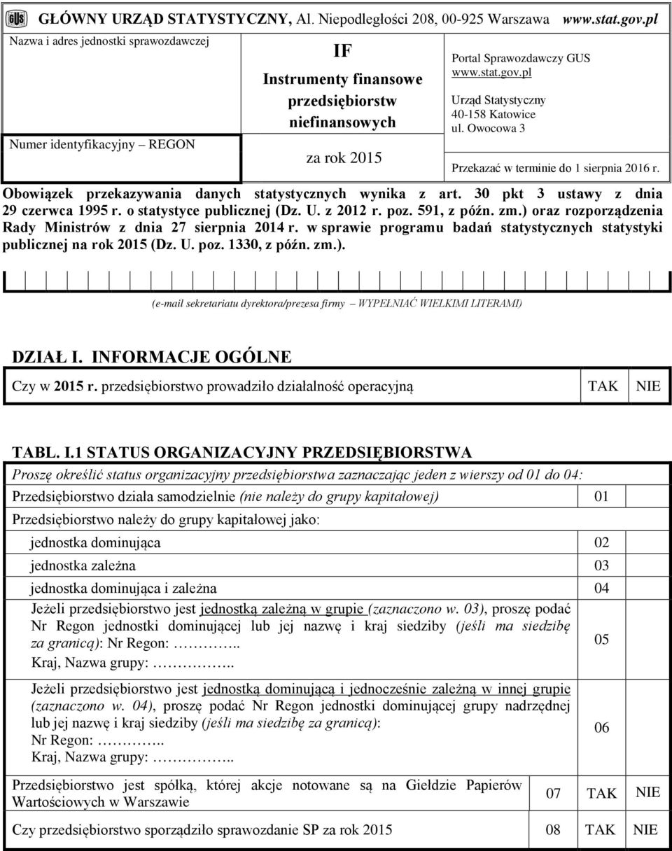 pl Urząd Statystyczny 40-58 Katowice ul. Owocowa 3 Przekazać w terminie do sierpnia 206 r. Obowiązek przekazywania danych statystycznych wynika z art. 30 pkt 3 ustawy z dnia 29 czerwca 995 r.