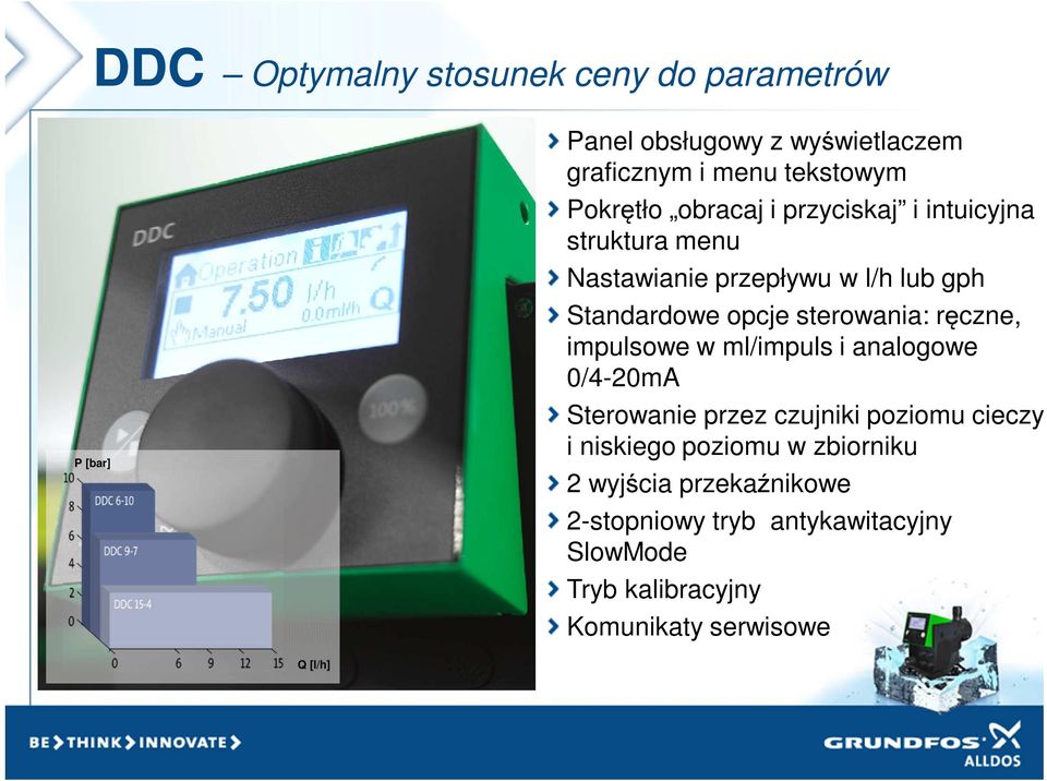 sterowania: ręczne, impulsowe w ml/impuls i analogowe 0/4-20mA Sterowanie przez czujniki poziomu cieczy i niskiego