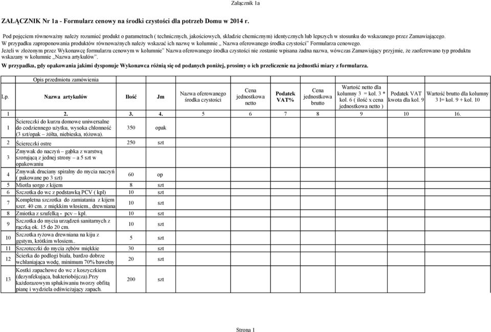 W przypadku zaproponowania produktów równoważnych należy wskazać ich nazwę w kolumnie Nazwa oferowanego środka czystości Formularza cenowego.