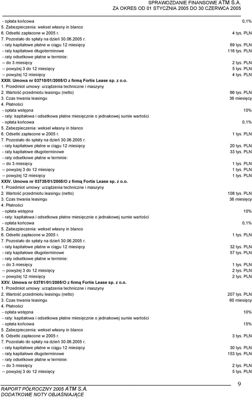 PLN - opłata końcowa 0,1% - raty kapitałowe płatne w ciągu 12 miesięcy 20 tys. PLN - raty kapitałowe długoterminowe 33 tys. PLN XXIV. Umowa nr 03735/01/2005/O z firmą Fortis Lease sp. z o.o. 2. Wartość przedmiotu leasingu (netto) 108 tys.