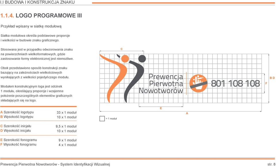 Obok przedstawiono sposób konstrukcji znaku bazujący na zależnościach wielkościowych wynikających z wielkości pojedyńczego modułu.