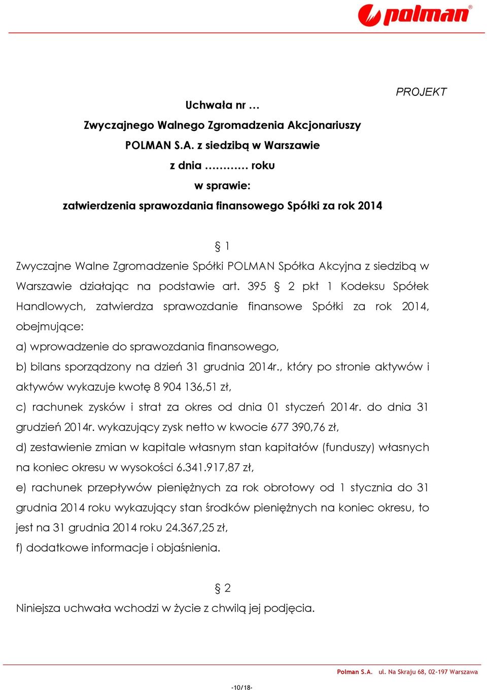 , który po stronie aktywów i aktywów wykazuje kwotę 8 904 136,51 zł, c) rachunek zysków i strat za okres od dnia 01 styczeń 2014r. do dnia 31 grudzień 2014r.