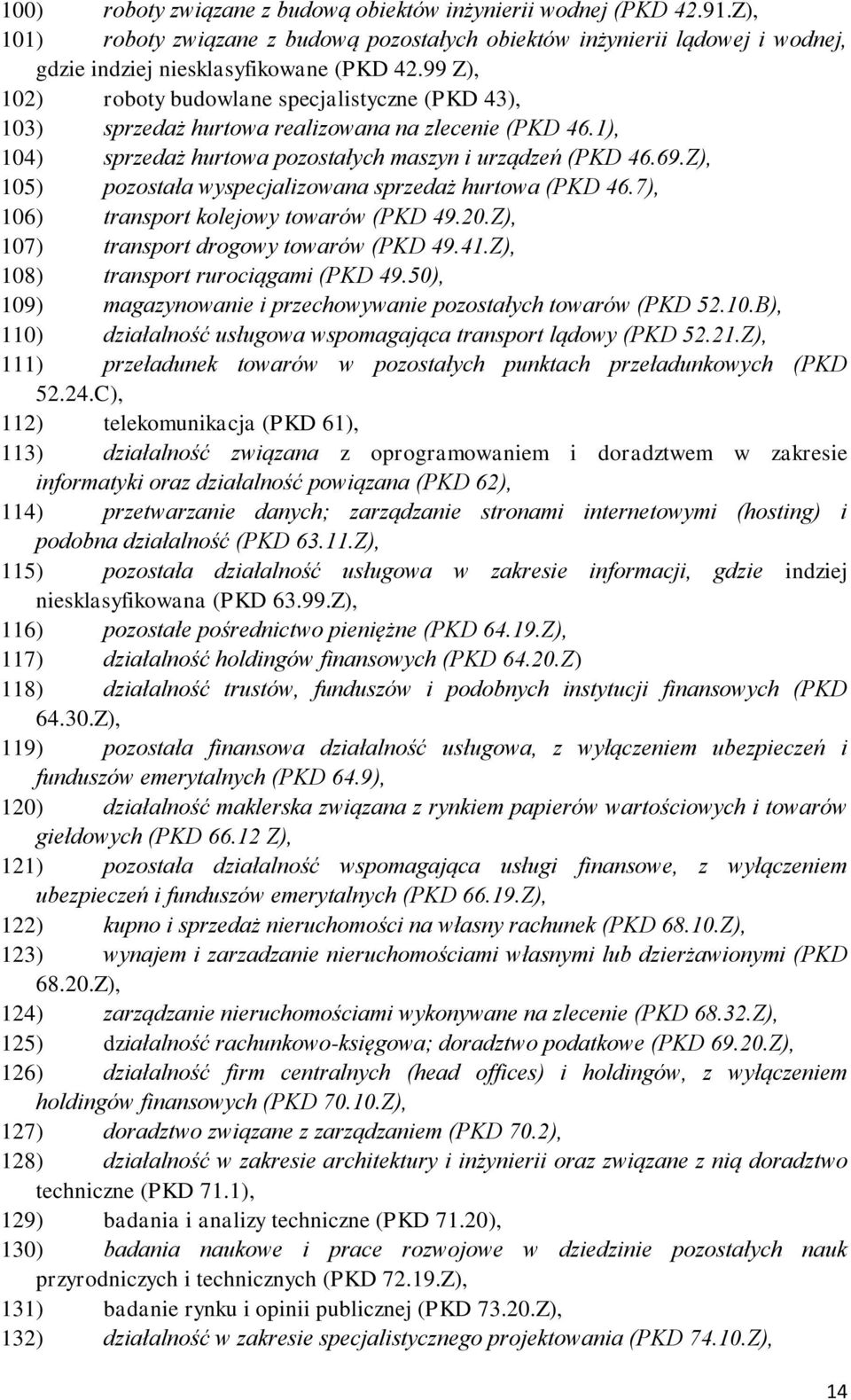 Z), 105) pozostała wyspecjalizowana sprzedaż hurtowa (PKD 46.7), 106) transport kolejowy towarów (PKD 49.20.Z), 107) transport drogowy towarów (PKD 49.41.Z), 108) transport rurociągami (PKD 49.