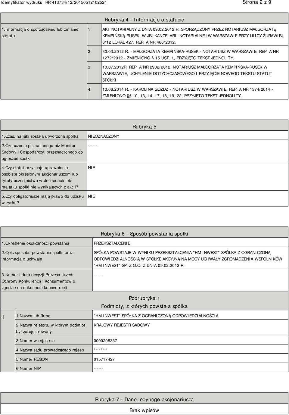 - MAŁGORZATA KEMPIŃSKA-RUSEK - NOTARIUSZ W WARSZAWIE, REP. A NR 1272/2012 - ZMIENIONO 15 UST. 1, PRZYJĘTO TEKST JEDNOLITY. 3 10.07.2012R, REP.