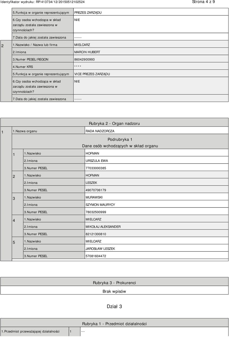 Czy osoba wchodząca w skład zarządu została zawieszona w czynnościach? VICE PREZES ZARZĄDU 7.Data do jakiej została zawieszona ------ Rubryka 2 - Organ nadzoru 1 1.