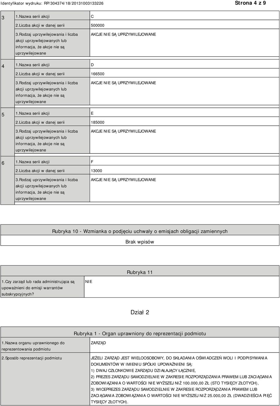 Liczba akcji w danej serii 13000 AKCJE SĄ UPRZYWILEJOWANE Rubryka 10 - Wzmianka o podjęciu uchwały o emisjach obligacji zamiennych Rubryka 11 1.