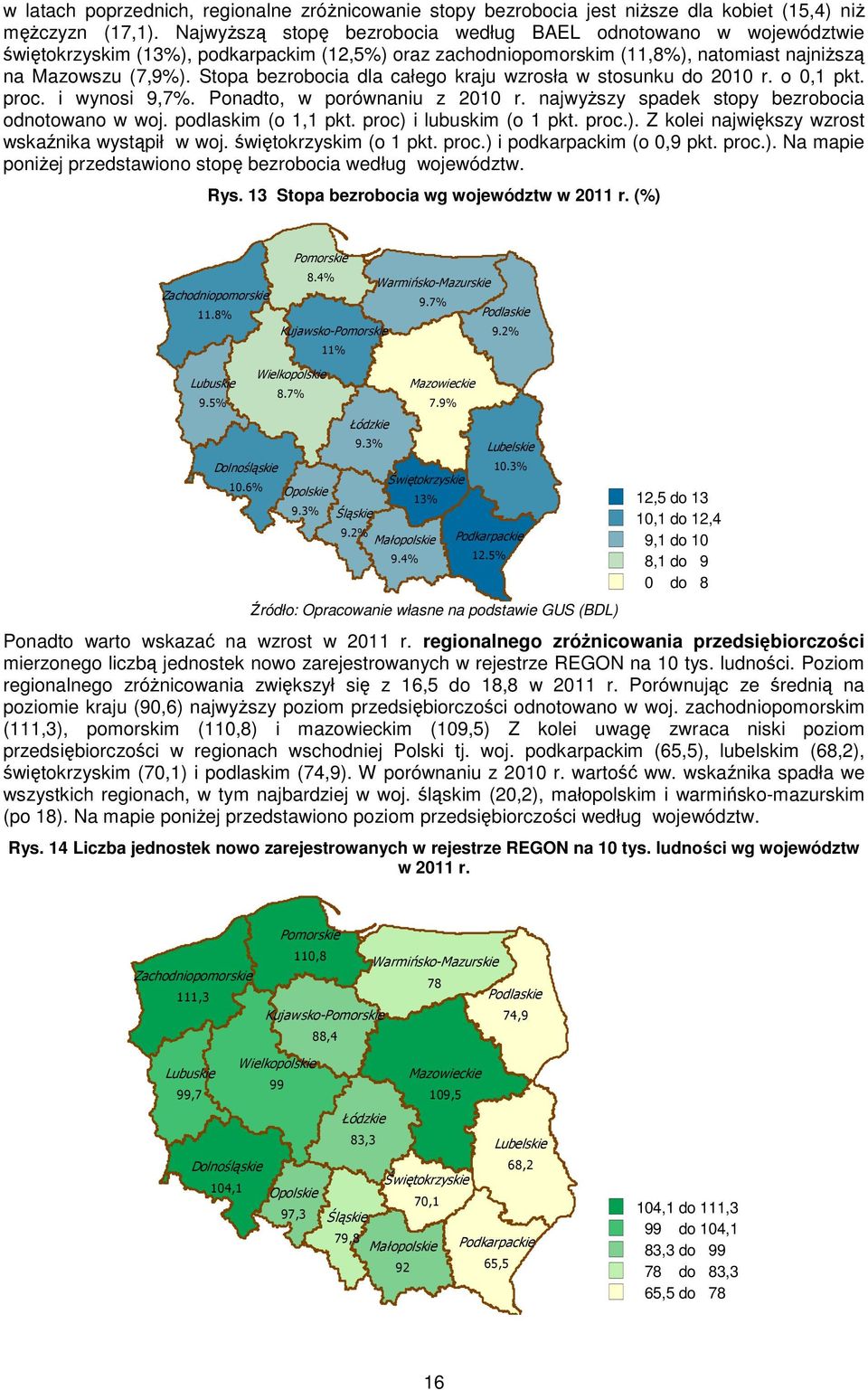 Stopa bezrobocia dla całego kraju wzrosła w stosunku do 2010 r. o 0,1 pkt. proc. i wynosi 9,7%. Ponadto, w porównaniu z 2010 r. najwyŝszy spadek stopy bezrobocia odnotowano w woj.