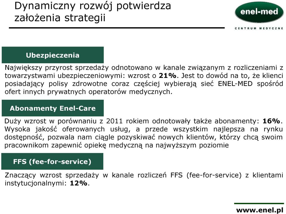 Abonamenty Enel-Care Duży wzrost w porównaniu z 2011 rokiem odnotowały także abonamenty: 16%.