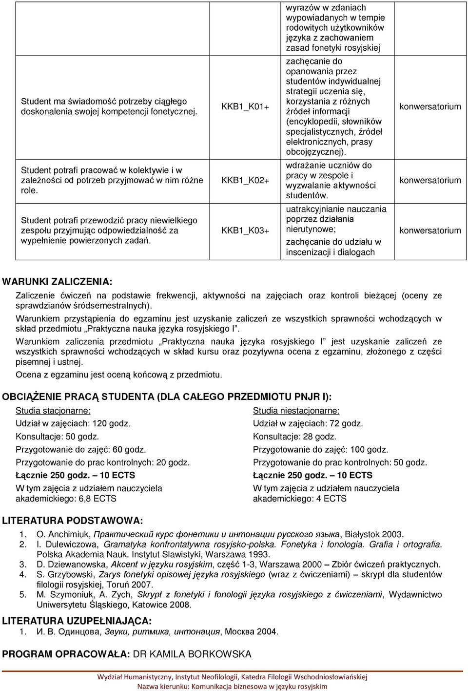 prasy obcojęzycznej). Student potrafi pracować w kolektywie i w zależności od potrzeb przyjmować w nim różne role. KKB1_K02+ wdrażanie uczniów do pracy w zespole i wyzwalanie aktywności studentów.