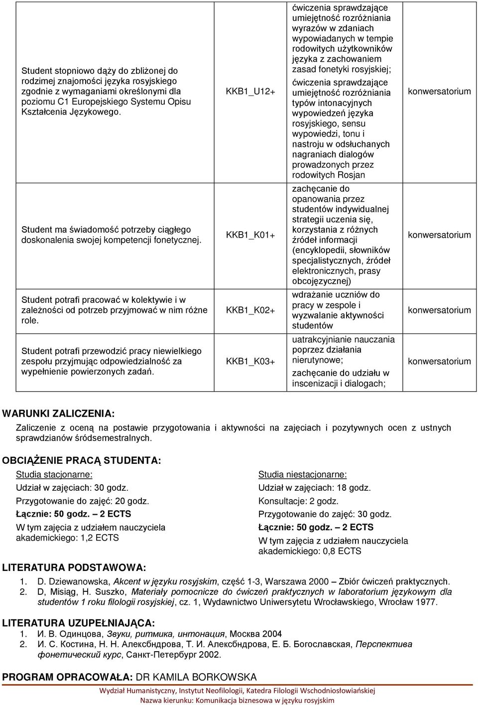 typów intonacyjnych wypowiedzeń języka rosyjskiego, sensu wypowiedzi, tonu i nastroju w odsłuchanych nagraniach dialogów prowadzonych przez rodowitych Rosjan Student ma świadomość potrzeby ciągłego