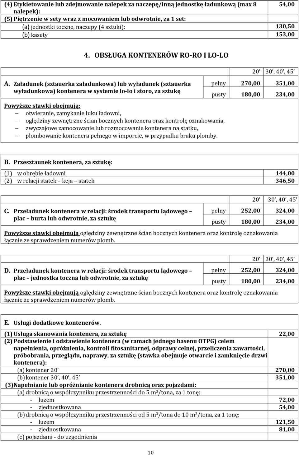 Załadunek (sztauerka załadunkowa) lub wyładunek (sztauerka wyładunkowa) kontenera w systemie lo-lo i storo, za sztukę Powyższe stawki obejmują: otwieranie, zamykanie luku ładowni, oględziny