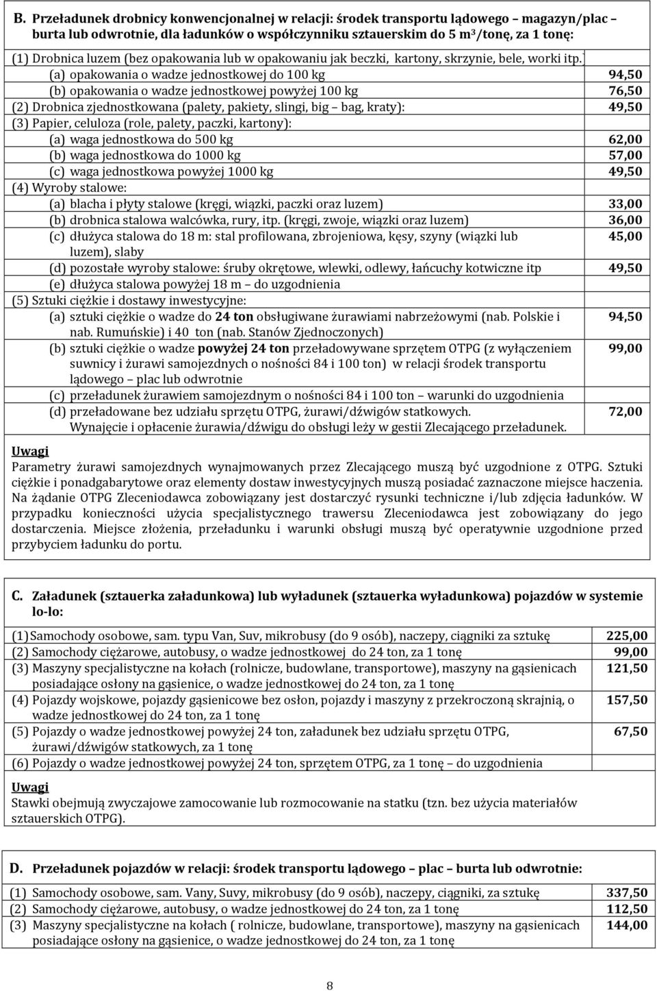 ): (a) opakowania o wadze jednostkowej do 100 kg 94,50 (b) opakowania o wadze jednostkowej powyżej 100 kg 76,50 (2) Drobnica zjednostkowana (palety, pakiety, slingi, big bag, kraty): 49,50 (3)