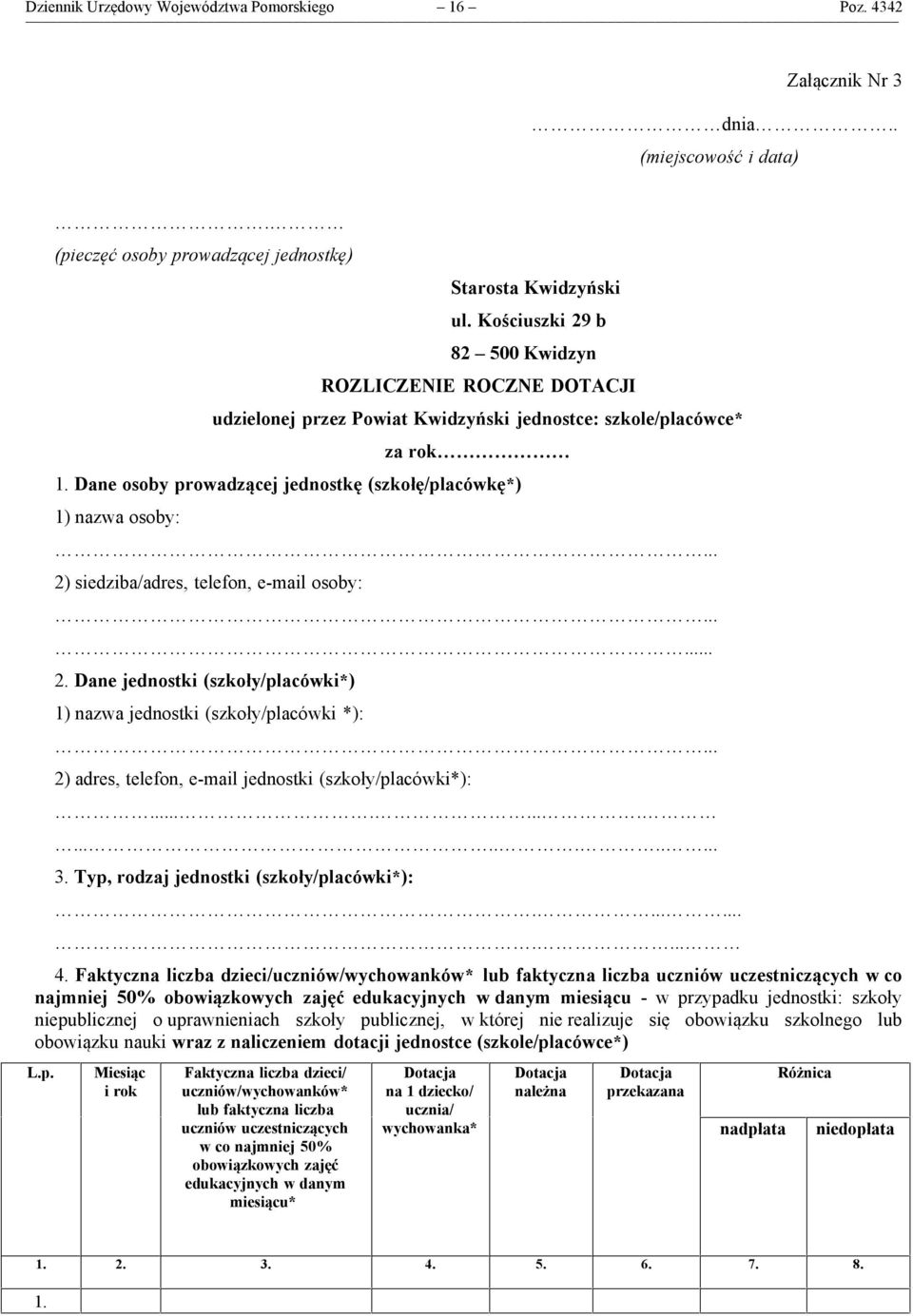danym miesiącu* Dotacja na 1 dziecko/ ucznia/ wychowanka* Starosta Kwidzyński ul.