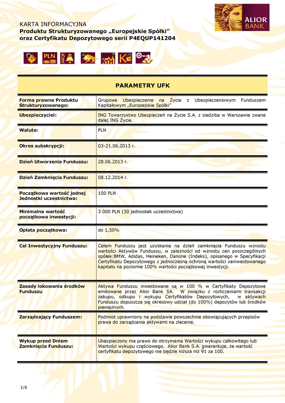 PLN Okres subskrypcji: 03-21.06.2013 r. Dzień Utworzenia Funduszu: 28.06.2013 r. Dzień Zamknięcia Funduszu: 08.12.2014 r.