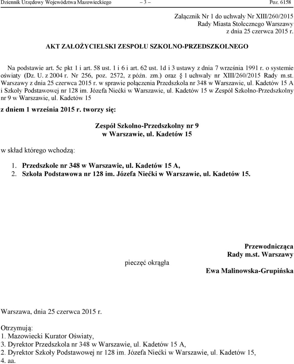 Kadetów 15 A i Szkoły Podstawowej nr 128 im. Józefa Niećki w Warszawie, ul. Kadetów 15 w Zespół Szkolno-Przedszkolny nr 9 w Warszawie, ul. Kadetów 15 z dniem 1 września 2015 r.