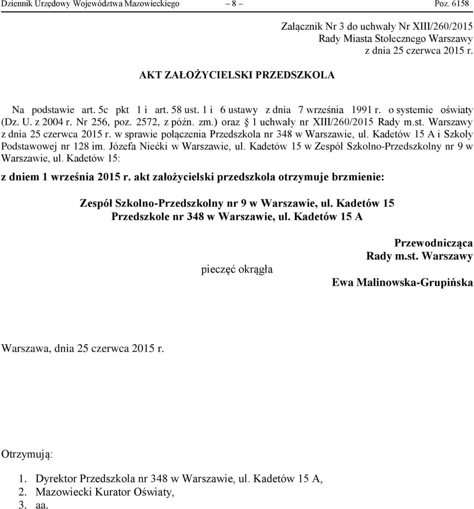 Kadetów 15 A i Szkoły Podstawowej nr 128 im. Józefa Niećki w Warszawie, ul. Kadetów 15 w Zespół Szkolno-Przedszkolny nr 9 w Warszawie, ul. Kadetów 15: z dniem 1 września 2015 r.