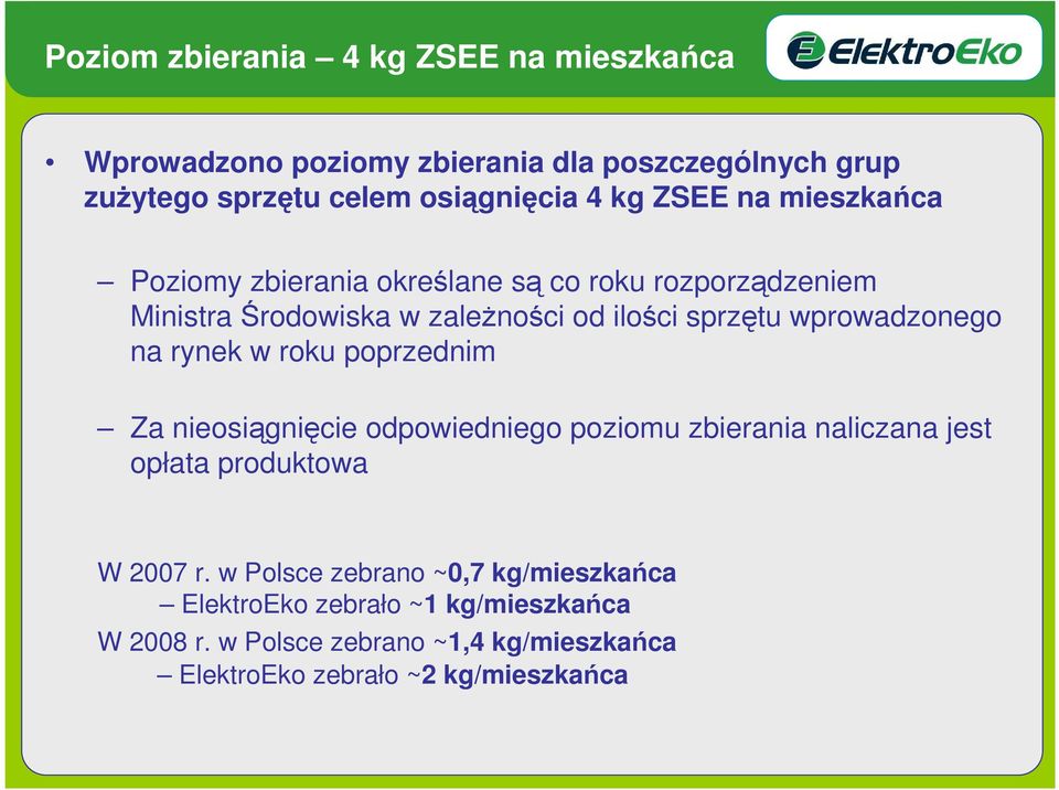 wprowadzonego na rynek w roku poprzednim Za nieosiągnięcie odpowiedniego poziomu zbierania naliczana jest opłata produktowa W 2007 r.