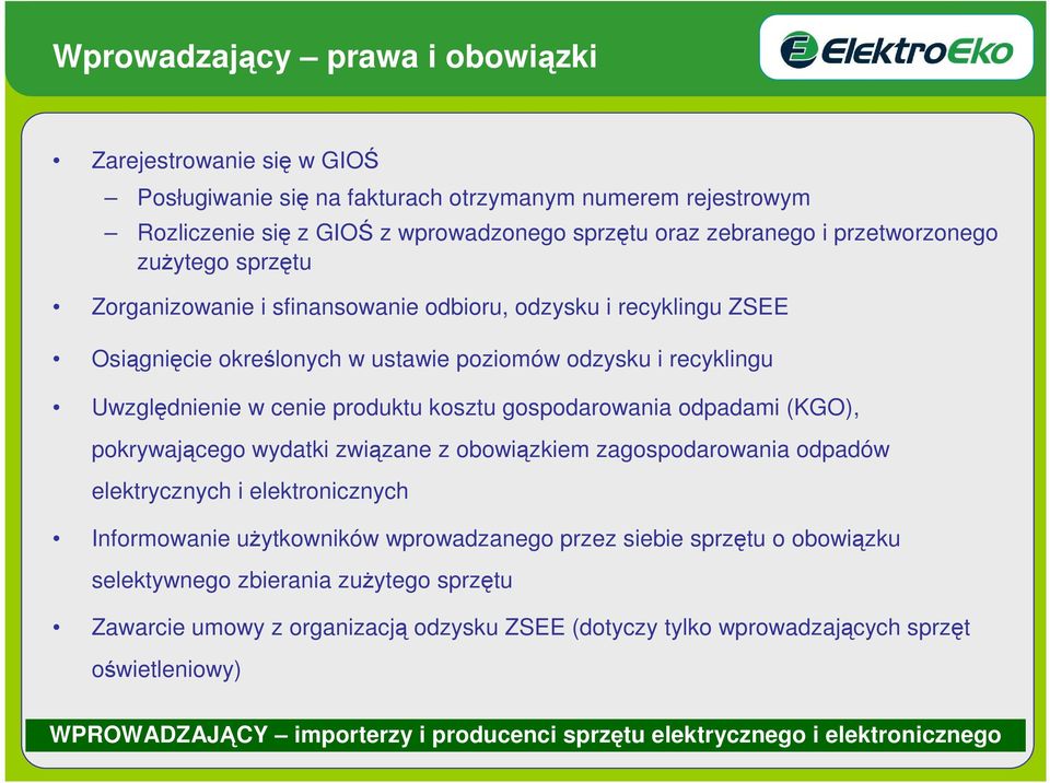 odpadami (KGO), pokrywającego wydatki związane z obowiązkiem zagospodarowania odpadów elektrycznych i elektronicznych Informowanie uŝytkowników wprowadzanego przez siebie sprzętu o obowiązku