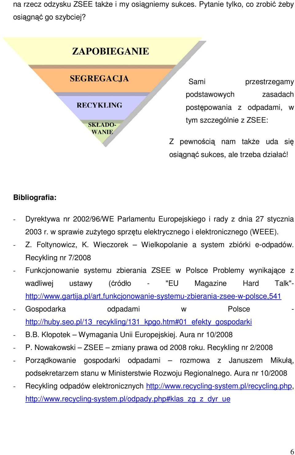 działać! Bibliografia: - Dyrektywa nr 2002/96/WE Parlamentu Europejskiego i rady z dnia 27 stycznia 2003 r. w sprawie zużytego sprzętu elektrycznego i elektronicznego (WEEE). - Z. Foltynowicz, K.