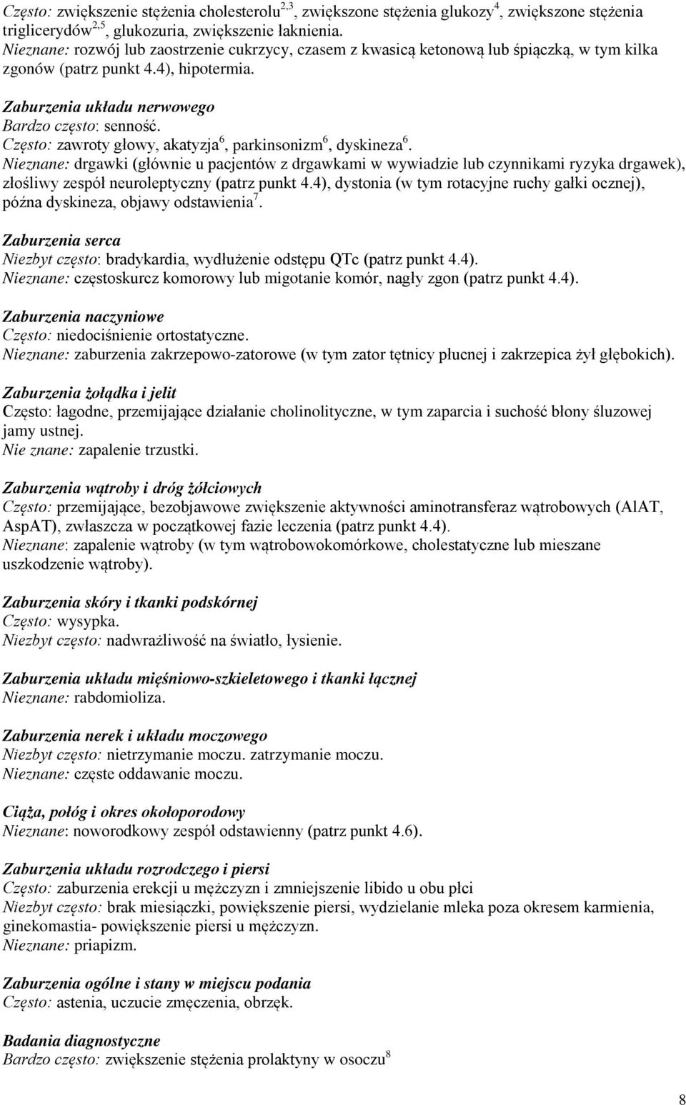 Często: zawroty głowy, akatyzja 6, parkinsonizm 6, dyskineza 6.