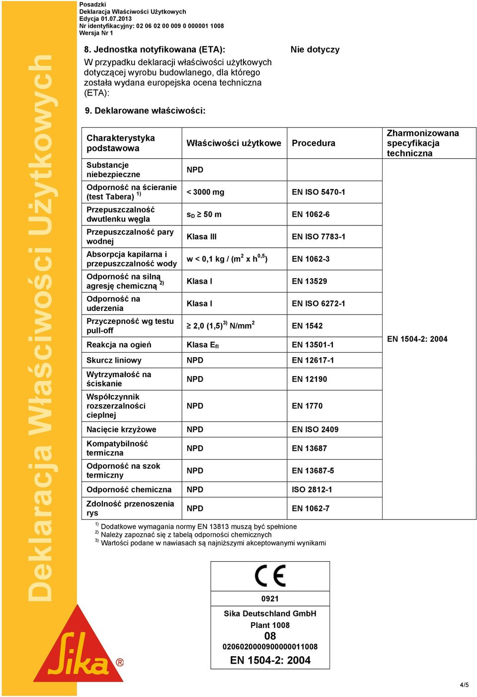 Deklarowane właściwości: Charakterystyka podstawowa Substancje niebezpieczne Właściwości użytkowe NPD Nie dotyczy Procedura Odporność na ścieranie 1) < 3000 mg EN ISO 5470-1 (test Tabera)