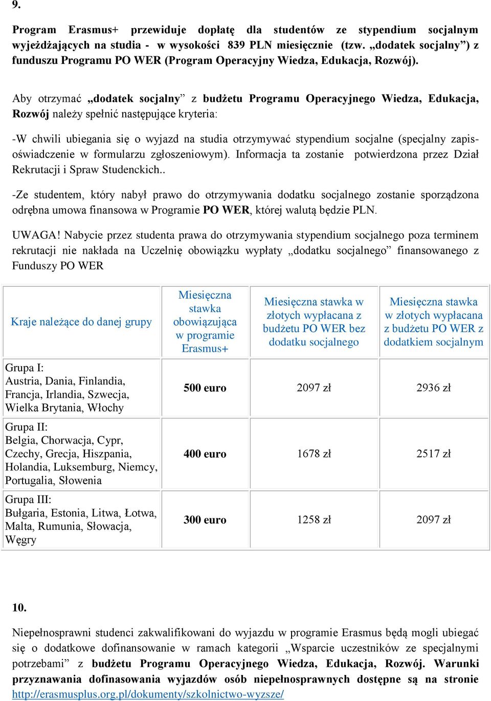 Aby otrzymać dodatek socjalny z budżetu Programu Operacyjnego Wiedza, Edukacja, Rozwój należy spełnić następujące kryteria: -W chwili ubiegania się o wyjazd na studia otrzymywać stypendium socjalne