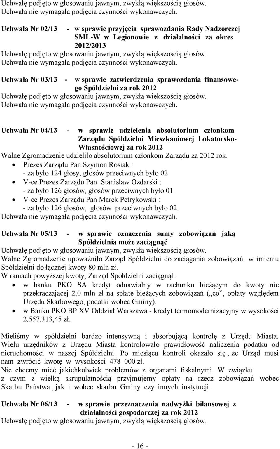 Spółdzielni za rok 2012  Uchwała Nr 04/13 - w sprawie udzielenia absolutorium członkom Zarządu Spółdzielni Mieszkaniowej Lokatorsko- Własnościowej za rok 2012 Walne Zgromadzenie udzieliło