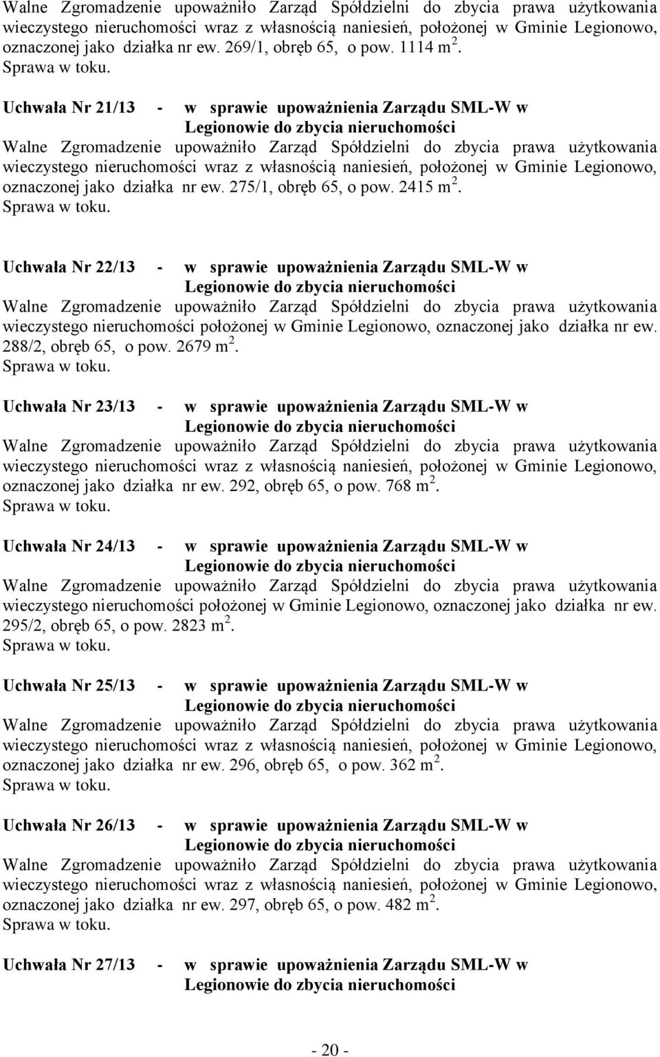 2415 m 2. Uchwała Nr 22/13 - w sprawie upoważnienia Zarządu SML-W w wieczystego nieruchomości położonej w Gminie Legionowo, oznaczonej jako działka nr ew. 288/2, obręb 65, o pow. 2679 m 2.