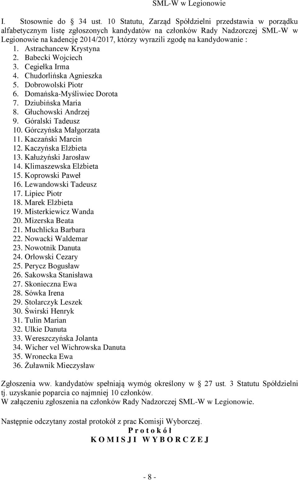 kandydowanie : 1. Astrachancew Krystyna 2. Babecki Wojciech 3. Cegiełka Irma 4. Chudorlińska Agnieszka 5. Dobrowolski Piotr 6. Domańska-Myśliwiec Dorota 7. Dziubińska Maria 8. Głuchowski Andrzej 9.