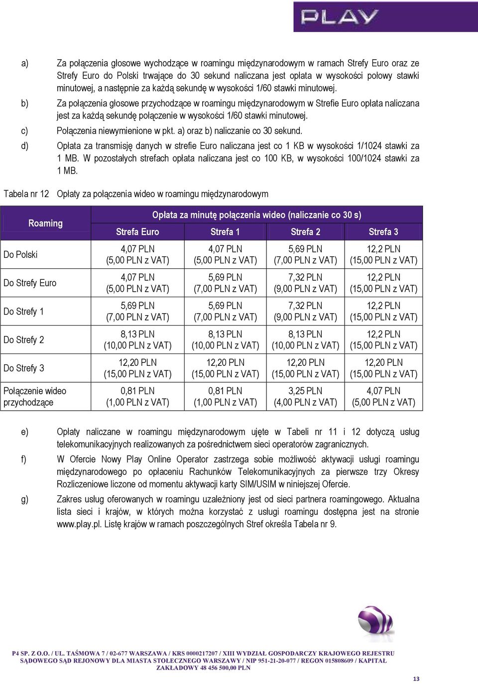 b) Za połączenia głosowe przychodzące w roamingu międzynarodowym w Strefie Euro opłata naliczana jest za każdą sekundę połączenie w wysokości 1/60 stawki minutowej. c) Połączenia niewymienione w pkt.