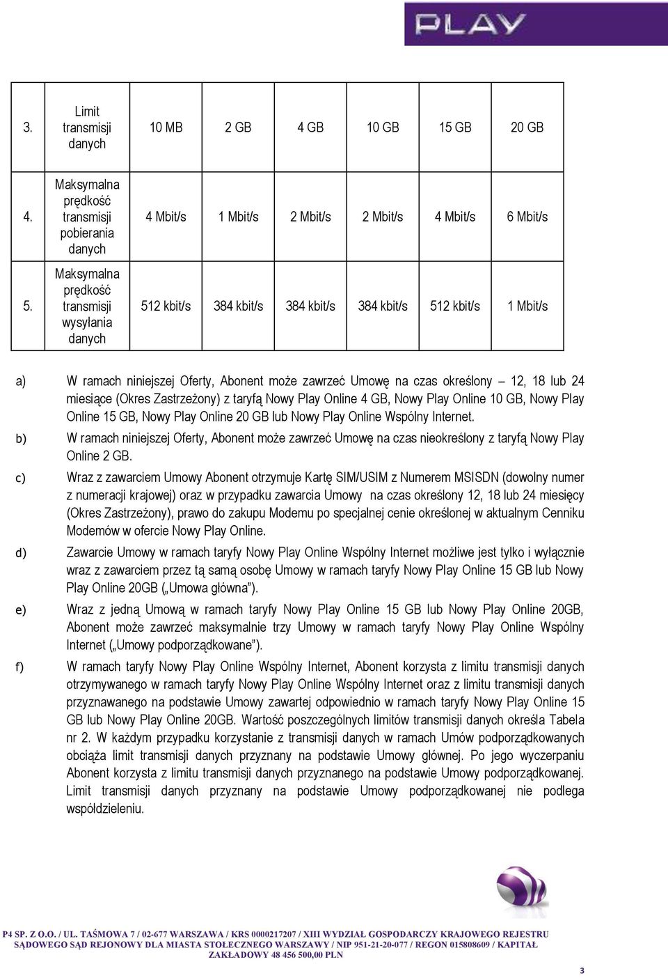 kbit/s 1 Mbit/s a) W ramach niniejszej Oferty, Abonent może zawrzeć Umowę na czas określony 12, 18 lub 24 miesiące (Okres Zastrzeżony) z taryfą Nowy Play Online 4 GB, Nowy Play Online 10 GB, Nowy