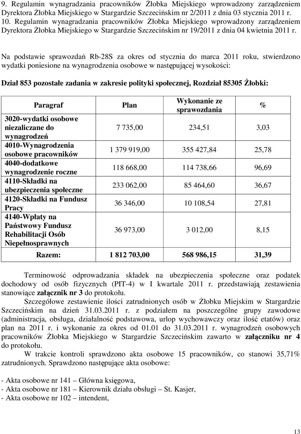 Na podstawie sprawozdań Rb-28S za okres od stycznia do marca 2011 roku, stwierdzono wydatki poniesione na wynagrodzenia osobowe w następującej wysokości: Dział 853 pozostałe zadania w zakresie