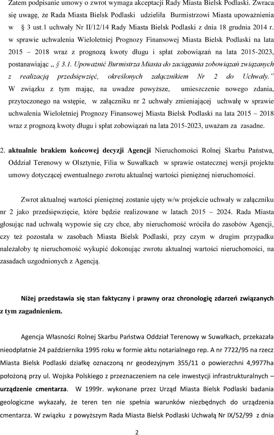 w sprawie uchwalenia Wieloletniej Prognozy Finansowej Miasta Bielsk Podlaski na lata 2015