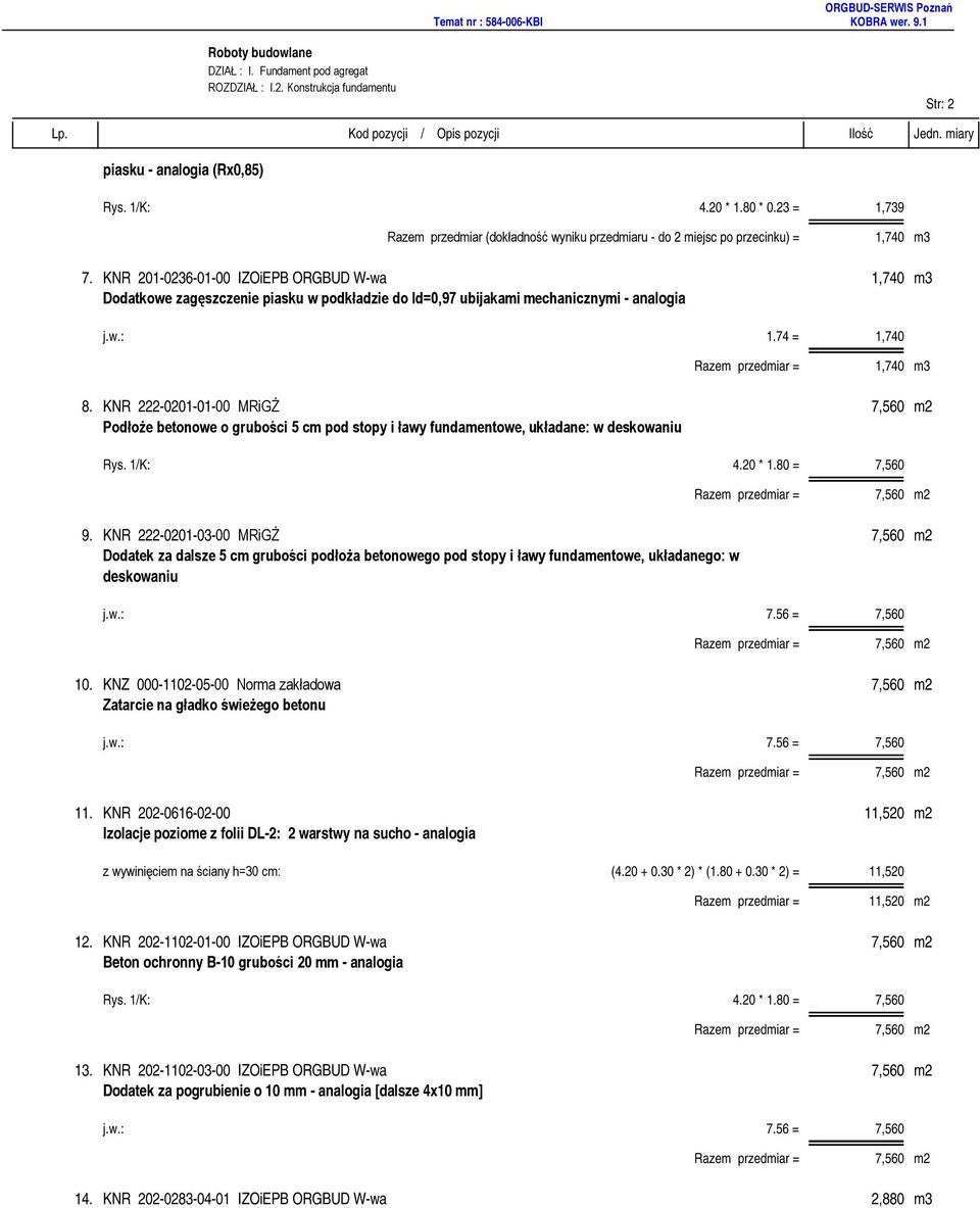 KNR 222-0201-01-00 MRiGŻ Podłoże betonowe o grubości 5 cm pod stopy i ławy fundamentowe, układane: w deskowaniu Rys. 1/K: 4.20 * 1.80 = 7,560 9.