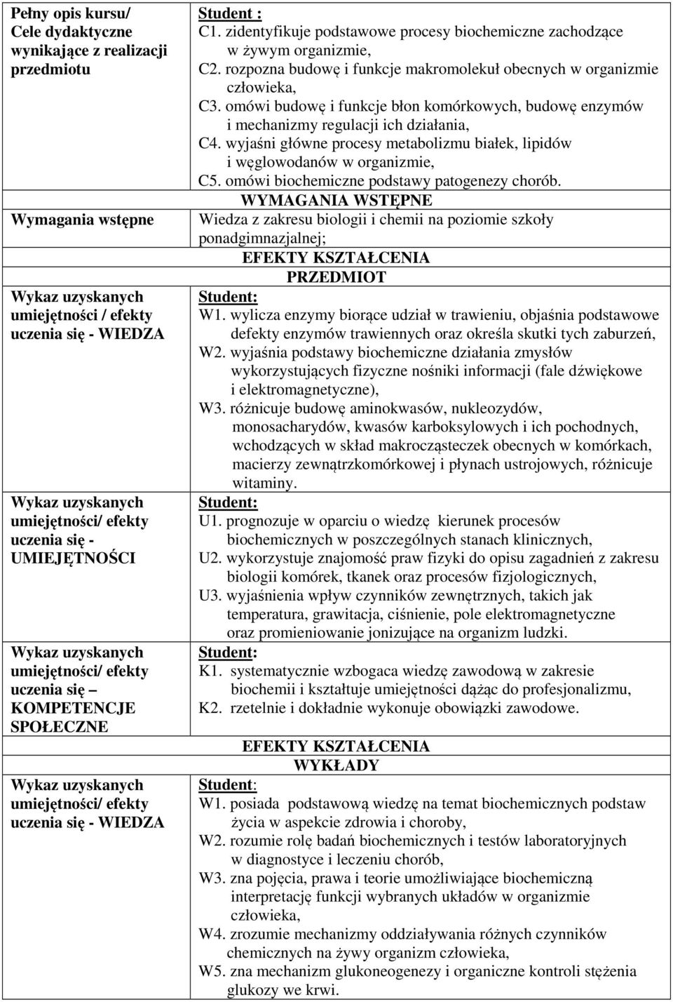 omówi budowę i funkcje błon komórkowych, budowę enzymów i mechanizmy regulacji ich działania, C4. wyjaśni główne procesy metabolizmu białek, lipidów i węglowodanów w organizmie, C.