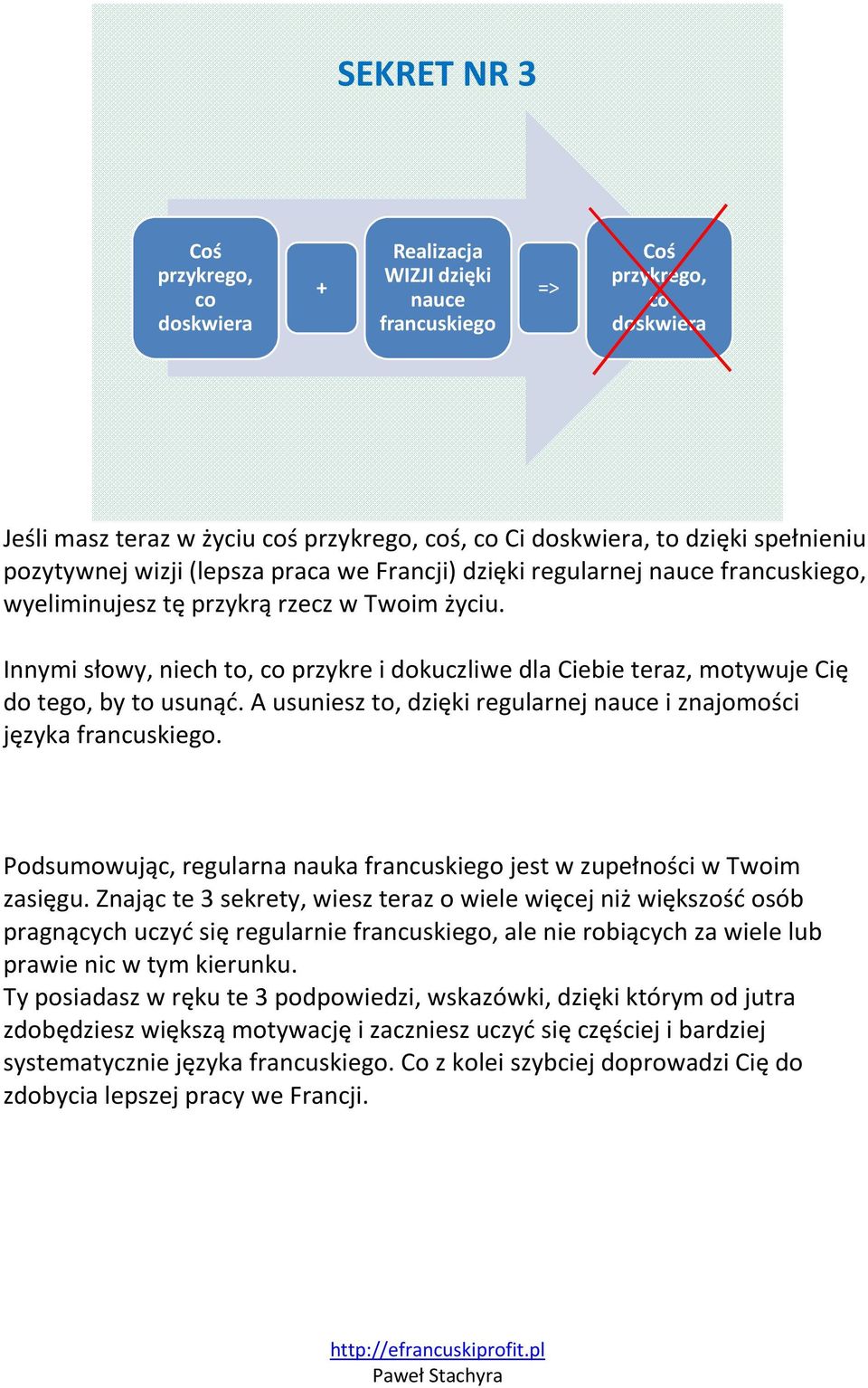 Innymi słowy, niech to, co przykre i dokuczliwe dla Ciebie teraz, motywuje Cię do tego, by to usunąć. A usuniesz to, dzięki regularnej nauce i znajomości języka francuskiego.