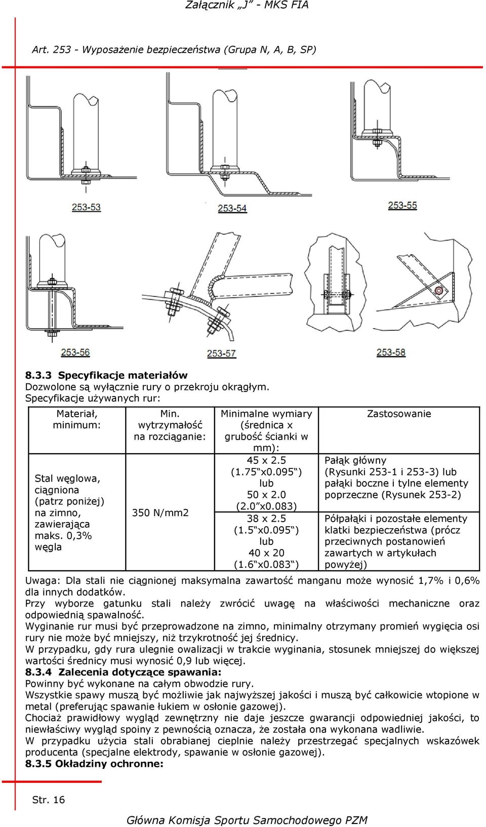 6 x0.083 ) Zastosowanie Pałąk główny (Rysunki 253-1 i 253-3) lub pałąki boczne i tylne elementy poprzeczne (Rysunek 253-2) Półpałąki i pozostałe elementy klatki bezpieczeństwa (prócz przeciwnych