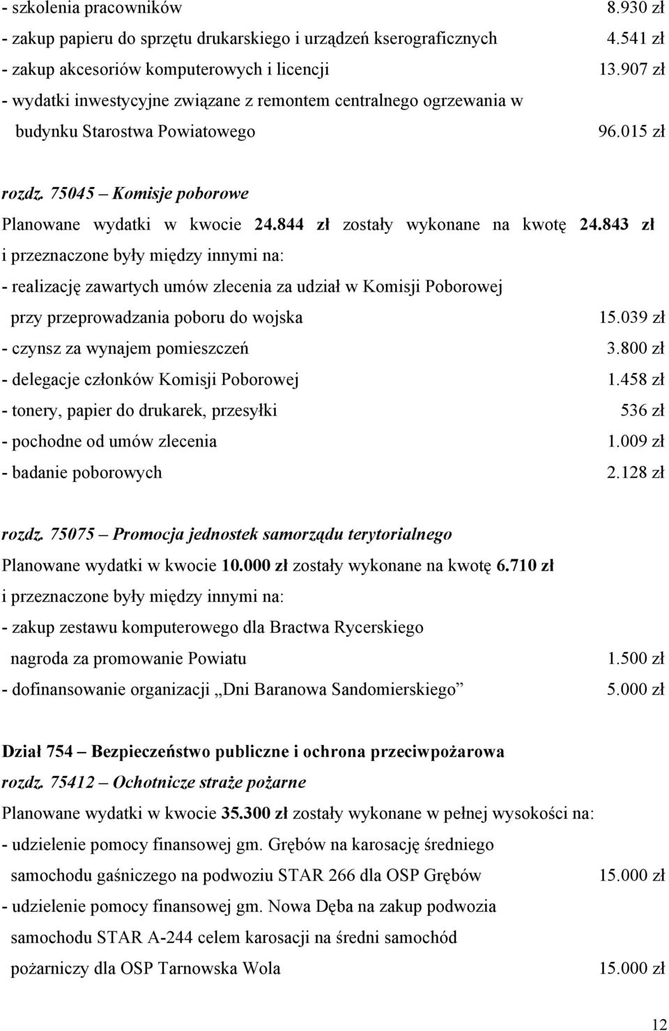 844 zł zostały wykonane na kwotę 24.843 zł i przeznaczone były między innymi na: - realizację zawartych umów zlecenia za udział w Komisji Poborowej przy przeprowadzania poboru do wojska 15.