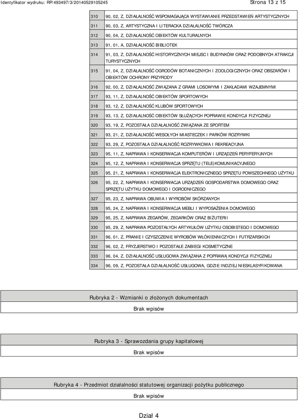 ZOOLOGICZNYCH ORAZ OBSZARÓW I OBIEKTÓW OCHRONY PRZYRODY 316 92, 00, Z, DZIAŁALNOŚĆ ZWIĄZANA Z GRAMI LOSOWYMI I ZAKŁADAMI WZAJEMNYMI 317 93, 11, Z, DZIAŁALNOŚĆ OBIEKTÓW SPORTOWYCH 318 93, 12, Z,