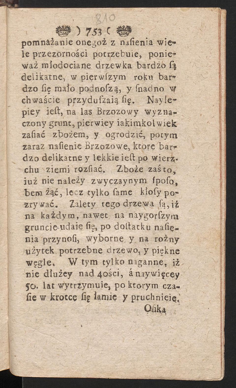 Naylepiey ieft, na las Brzozowy wyznaczony grunt, pierwiey iakimkolwiek zafiać zbożem, y ogrodzić, pocytn zaraz nafienie Brzozowe, które bardzo delikatne y lekkie ieft po wierzchu ziemi rozfiać.