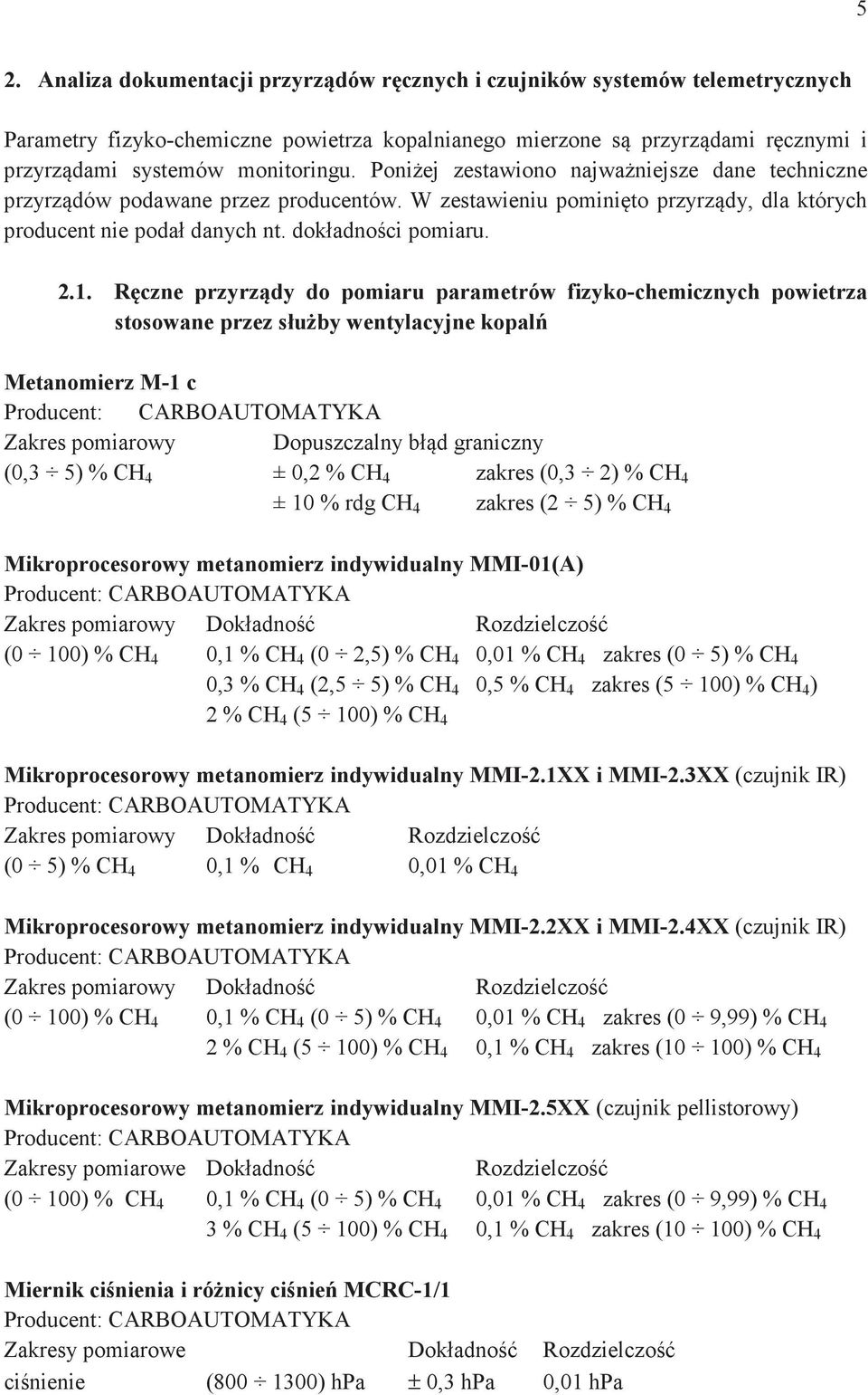 .. Rczne rzyrzdy d miar arametrów fizyk-chemicznych wietrza stswane rzez słby wentylacyjne kal Metanmierz M- c Prdcent: CARBOAUTOMATYKA Zakres miarwy Dszczalny błd graniczny (0,3 5) % CH 4 ± 0, % CH