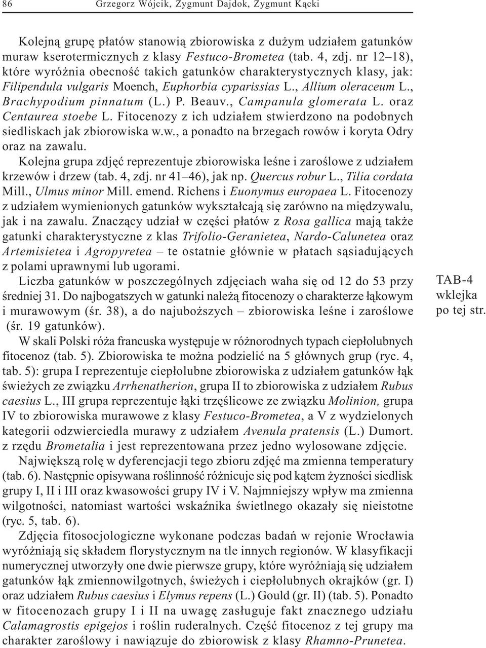 , Campanula glomerata L. oraz Centaurea stoebe L. Fitocenozy z ich udzia³em stwierdzono na podobnych siedliskach jak zbiorowiska w.w., a ponadto na brzegach rowów i koryta Odry oraz na zawalu.