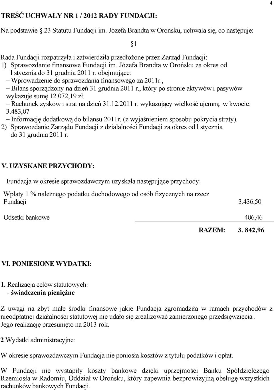 Józefa Brandta w Orońsku za okres od l stycznia do 31 grudnia 2011 r. obejmujące: Wprowadzenie do sprawozdania finansowego za 2011r., Bilans sporządzony na dzień 31 grudnia 2011 r.