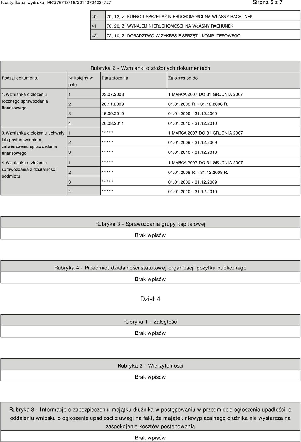 2008 1 MARCA 2007 DO 31 GRUDNIA 2007 2 20.11.2009 01.01.2008 R. - 31.12.2008 R. 3 15.09.2010 01.01.2009-31.12.2009 4 26.08.2011 01.01.2010-31.12.2010 3.